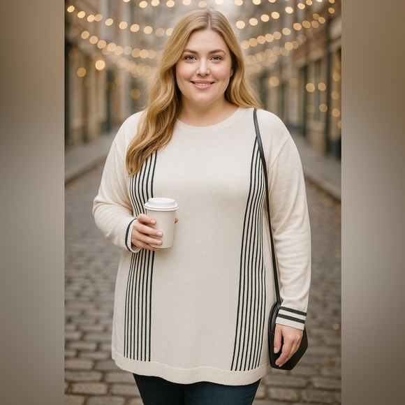 B Collection by Bobeau Curvy Gray Striped Long Sleeve Ivory Sweater 2x NWT - Picture 1 of 9